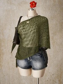 SHEIN ICON 女款大尺碼不對稱下擺流蘇設計寬鬆針織上衣 - 軍綠色 - 查看 7