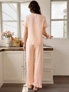 Snug Reverie Floral Embroidered Lotus Sleeve Top And Striped Long Pants Pajama Set - Orange - View 2