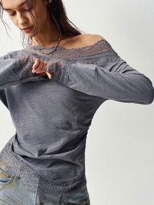 Bohemela Women's Lace Patchwork Asymmetric T-Shirt - Grey - View 3