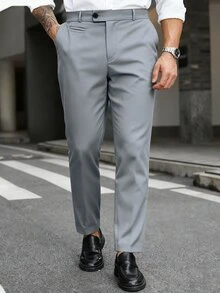 Manfinity Mode 男士大尺碼鈕扣口袋休閒商務西裝長褲 - 霧霾藍 - 查看 3