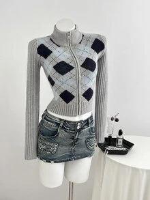 Elamini Women's Autumn/Winter Lazy Fashion Versatile Daily Commute College Style Argyle Zipper Cardigan - Multicolor - View 5