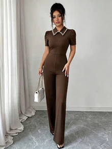 GlowEve Black Pearl Collar Petal Sleeve Jumpsuit, Waist-Cinching Slimming Elegant Commuter High-End Jumpsuit, Casual Minimalist Jumpsuit - Brown - View 3