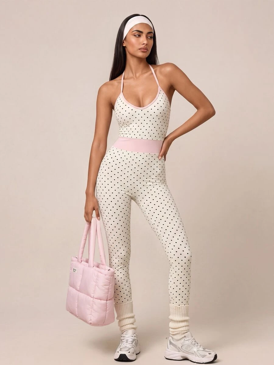 SHEIN BAE Women's Polka Dot Casual Daily Wear Halter Neck Sports Jumpsuit - White - View 1