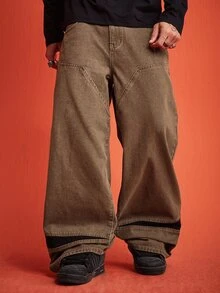 ROMWE MEN Street Life Celana Jeans Pria Kasual Model Lebar dengan Potongan Warna Blok dan Patchwork - Coffee Brown - View 5