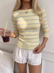 CovetEZ 休閒極簡風 95% 棉性感露肩奶油黃條紋短袖 T-shirt，適合春夏，春夏穿搭，奶油黃條紋顯白，夏季上衣，適合日常通勤、約會、派對、秋冬春夏、聖誕節、新年、感恩節、派對、婚禮、海灘、畢業典禮，時尚 - 彩色 - 查看 6