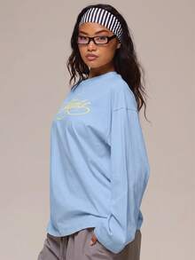 MUSERA 白色圖案 Logo 細節長袖上衣 冬季休閒日常舒適穿搭 女款酷白色上衣 - 淺藍色 - 查看 3