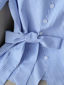 SHEIN Fashionable Elegant Lapel Ribbon Waist-Cinching Button Decor Daily Wear Date Casual Blouse Women's Outing Top - Blue - View 5