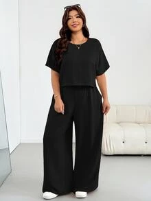 Shapeblank 大尺碼女款春夏時尚休閒寬鬆涼爽舒適日常百搭顯瘦杏色短版上衣與寬腿褲2件套，極簡風，度假穿搭，褲裝套裝，外出服飾，歐式夏季 - 黑色 - 查看 4