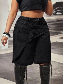 Slaydiva High Waist Loose Asymmetrical Patchwork Plus Size Denim Shorts - Dark Grey - View 6