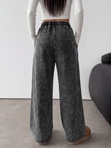 SHEIN 青少年女孩黑色針織牛仔寬鬆寬腿長褲 - 黑色 - 查看 6