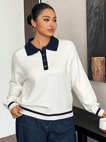 Livesso Contrast Color Patchwork Polo Collar Fun Commuter Business Casual Spring Autumn New Sweater Top - Beige - View 4