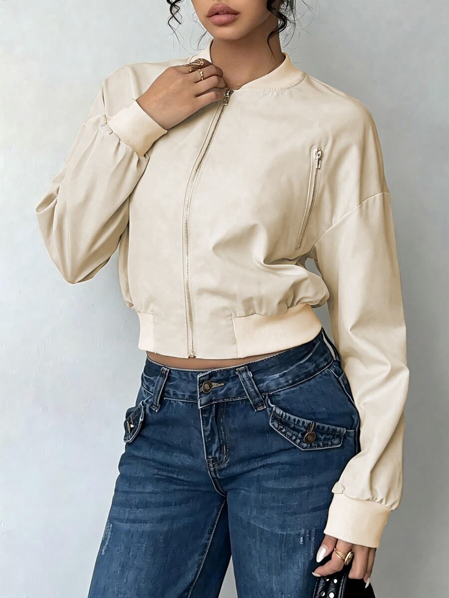 SHEIN LUNE Women's Solid Color Long Sleeve Zip-Up Baseball Jacket - Light Grey - View 1