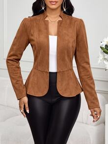 SHEIN Lady Women's Solid Color Long Sleeve Open Front Elegant Regular Fit Jacket - Yellow - View 6