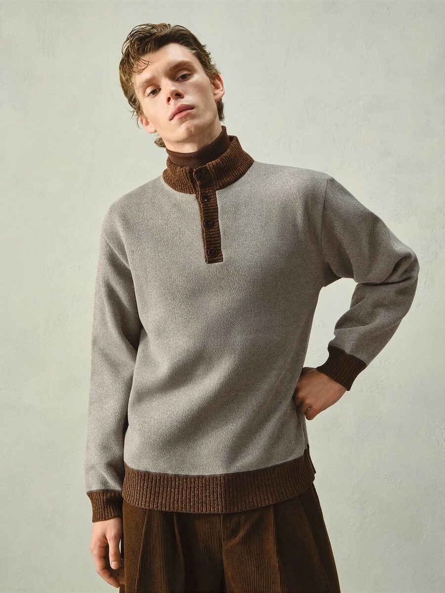 RONVEXI Men's Solid Color Thermal Lined Button Front Knit Pullover Sweater - Beige - View 1