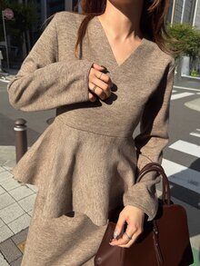 FRIFUL Women's Solid Color Overlap V-Neck Ruffle Hem Sweater And Knit Skirt Set - Dark Grey - View 1