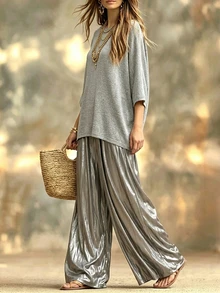 SHEIN Holidaya Women's Elegant 2 Pieces Set Batwing Sleeve Knit Top And Pants - Grey - View 4
