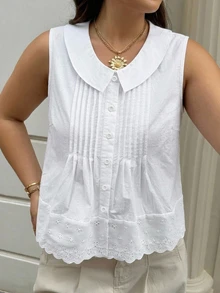Dazy Plus Plus Size Korean Style Single-Breasted Pleated Tank Top For Dating And Vacation - White - View 6