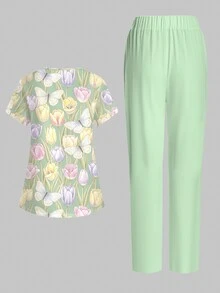 PopScrub Cute Bee & Colorful Line Floral Plant Pattern Teal Green Nurse Uniform Top, Women's Fashion V-Neck Short Sleeve Pocket With Ear-Loop & Slit Design Workwear Top, Straight Leg Pants Women's 2-Piece Set, Spring/Summer Nurse Uniform, Casual Pants Set, Uniform Set - Multicolor - View 2
