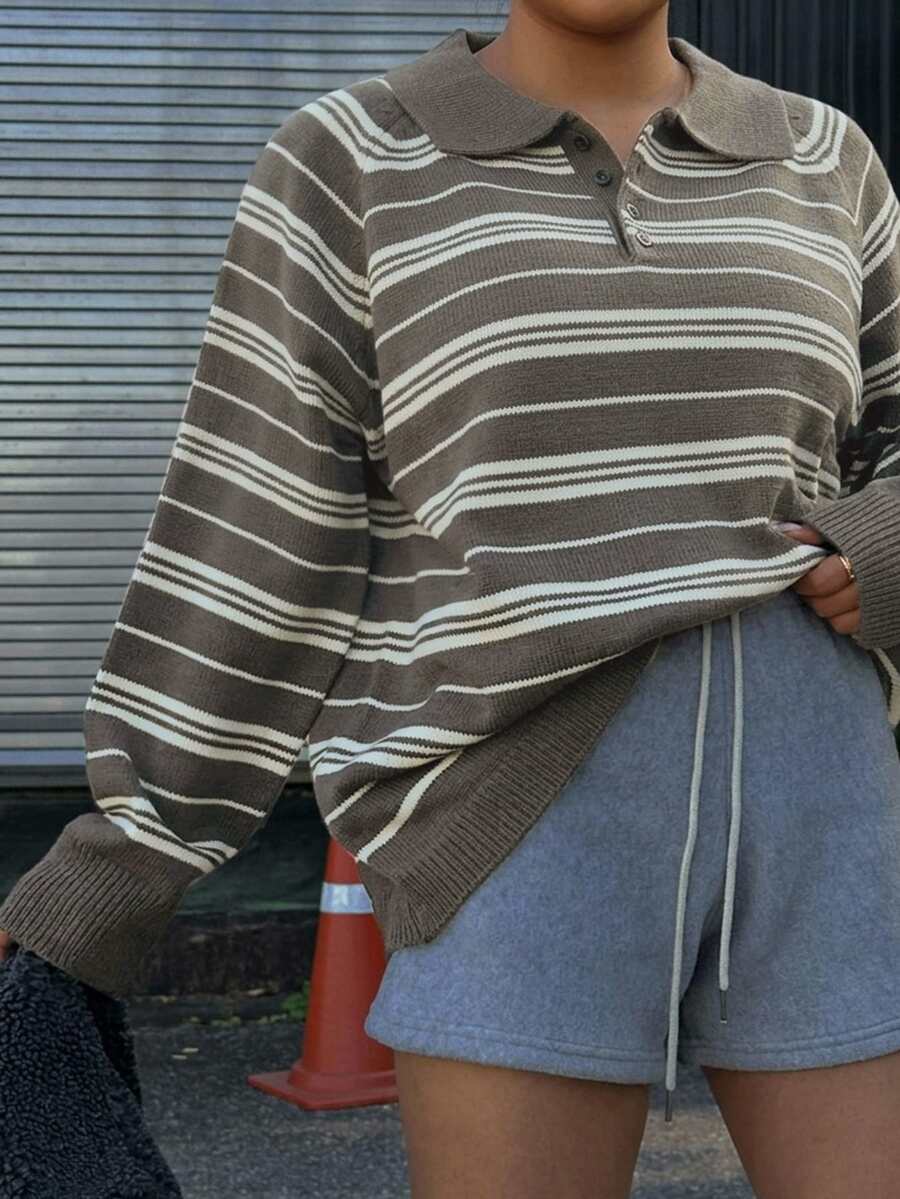 Livesso Contrast Color Striped Polo Long Sleeve Loose Casual Vacation Retro Streetwear Spring Autumn Knit Sweater - Olive Green - View 1