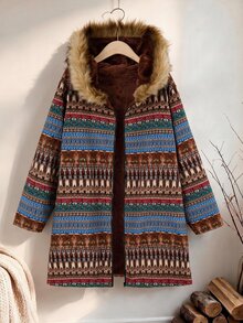 Rusticease Plus Size Women's Striped Long Sleeve Fur Collar Hooded Casual Jacket - Multicolor - View 8