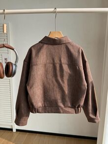 SHEIN 青少年女孩秋季服飾復古短版夾克領拉鍊飛行員外套 棕色落肩紋理外套 秋冬校園街頭穿搭 - 棕色 - 查看 2