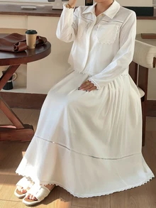 Dazy Plus Elegant Lace Patchwork Pocket Shirt & Skirt 2 Pieces Set, White, Spring/Autumn New Style - White - View 1