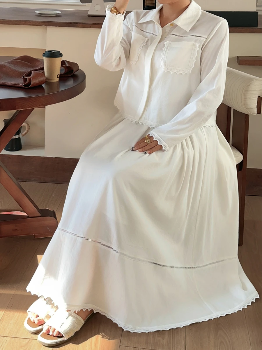 Dazy Plus Elegant Lace Patchwork Pocket Shirt & Skirt 2 Pieces Set, White, Spring/Autumn New Style - White - View 1