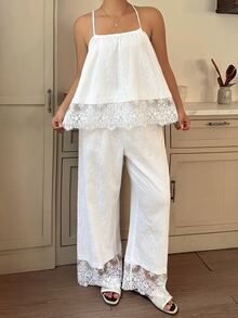 Dazy Plus Romantic Vacation Floral Textured Fabric Lace Patchwork Sleeveless Top & Long Pants Pajama Set - White - View 9