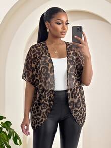SHEIN Lady Plus Size Women's Leopard Print Short Sleeve Open Front Casual Jacket - Multicolor - View 3
