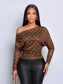 SOLERSUN Women's Brown Monogram Print Off Shoulder Long Sleeve TopRuched Slim Fit Tee With Stretch Fabric - Brown - View 8