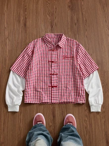 SWAVVY Men's Embroidered Plaid Patchwork Long Sleeve Fashion Shirt - Red - View 1