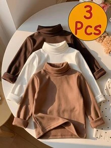 LMoss Kids 兒童嬰兒男童女童通用純色刷毛加厚高領針織柔軟長袖套頭上衣 3件組，適合秋冬冬季 - 彩色 - 查看 2