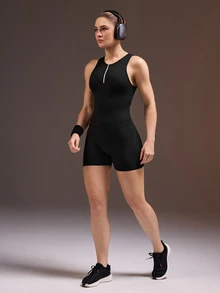 Powerista Women's Black Wide Strap Short Leg Backless Round Neck Zipper Half-Open Front Fitted Jumpsuit - Black - View 4