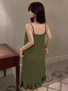 DAZY 女款碎花細肩帶荷葉邊中長洋裝睡裙 秋季 - 綠色 - 查看 2