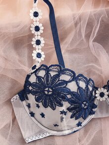 SHEIN 水溶性刺繡蕾絲女款內衣套裝 2件組 - 藏蓝色 - 查看 3