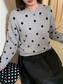 Dazy Plus Loose Business Casual Fashion Polka Dot Jacquard All-Over Print Pullover Knit Sweater, Autumn/Winter - Grey - View 3