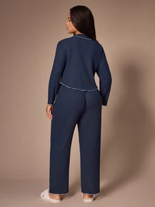 Lazeform Minimalist Contrast Trim Ribbed Plus Size Pajama 2 Pieces Set, Lapel Long Sleeve Cardigan, Soft & Comfortable Loungewear Set - Navy Blue - View 6