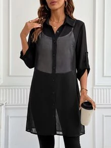 SHEIN Clasi 女款捲袖單排扣純色寬鬆長版襯衫 - 黑色 - 查看 6