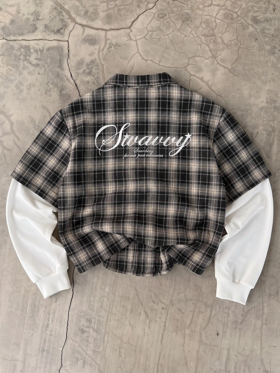 SWAVVY Men's Plaid Patchwork 2 In 1 Shirt - Black - View 1