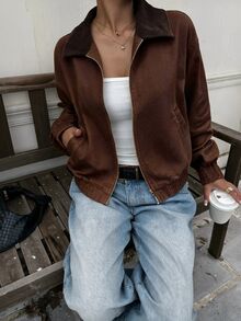 SHEIN EZwear 女款純色拉鍊休閒百搭日常旅行長袖夾克 - 棕色 - 查看 4