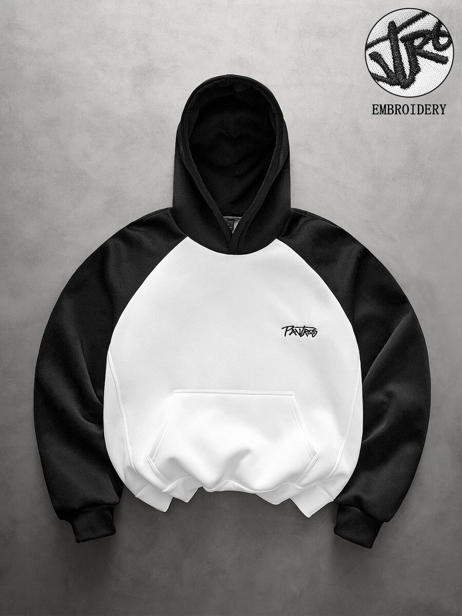 Manfinity Roghcode Men's Street Style Hot-Selling Patchwork Sweatshirt With 3D Embroidery, Versatile For Daily Wear; Suitable As A Gift For Boyfriend Or Husband And Anniversary Gift. - Black and White - View 1