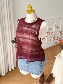 Comfortcana Plus Size Women's Solid Color Casual Versatile Everyday Knit Top - Red - View 5