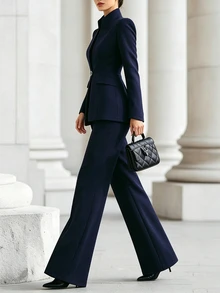 RosyDaze Women's Elegant Commute Exquisite High Neck Blazer And Wide Leg Pants Set - Navy Blue - View 7
