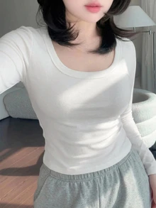 Dazy Plus Solid Color Small Square Neck Korean Style Versatile Long Sleeve White T-Shirt - White - View 6
