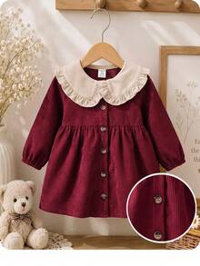 SHEIN Baby Girl Contrast Color Peter Pan Collar Front Button Dress - Red - View 9