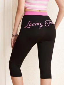 LOONEY TUNES X SHEIN Legging Wanita Panjang 3/4 dengan Motif Huruf - Hitam - View 2