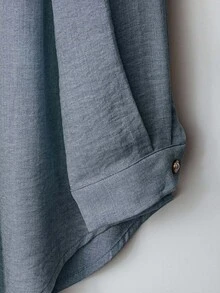 Linhara Setelan 2 Potong Kemeja Kasual Nyaman Lengan Sedang dengan Kerah Bulat, Kancing Depan Penuh, dan Celana Panjang Longgar Pinggang Elastis untuk Wanita Ukuran Plus, Warna Polos, Bahan Campuran Linen, Leher Bulat, dan Patchwork Renda + Celana Panjang Longgar Pinggang Elastis - Dusty Blue - View 4