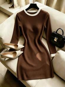 GlowEve Gentle Elegant Brown Colorblock Round Neck Long Sleeve Knit Dress, Slim Fit Flattering Ribbed Bodycon Mini Dress, Simple Versatile Commuter Hot Girl Style Dress - Brown - View 4