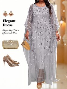 Fleurora Plus Size Women's Floral Embroidered Mesh Batwing Sleeve Elegant Dress - Silver - View 5