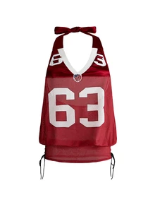 ROMWE Street Life Women's Spring/Summer Sporty Street Style Digital Print Drawstring Design Contrast Color Halter Tank Top - Burgundy - View 1
